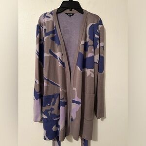 Misook Jacquard Knit Open Front Jacket Belted Pockets Khaki‎ Grey Purple Camo L